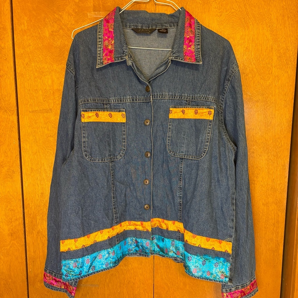 ASOS 2X Vintage Jean Jacket with‎ Bright Floral Accents -has flaw